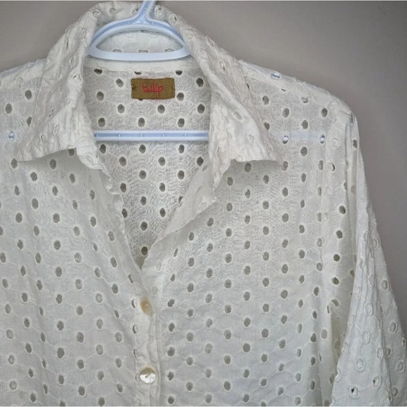 Tulip White Eyelet Button Down Collar Long Sleeve Shirt 100% Cotton Women Small - Picture 4 of 13